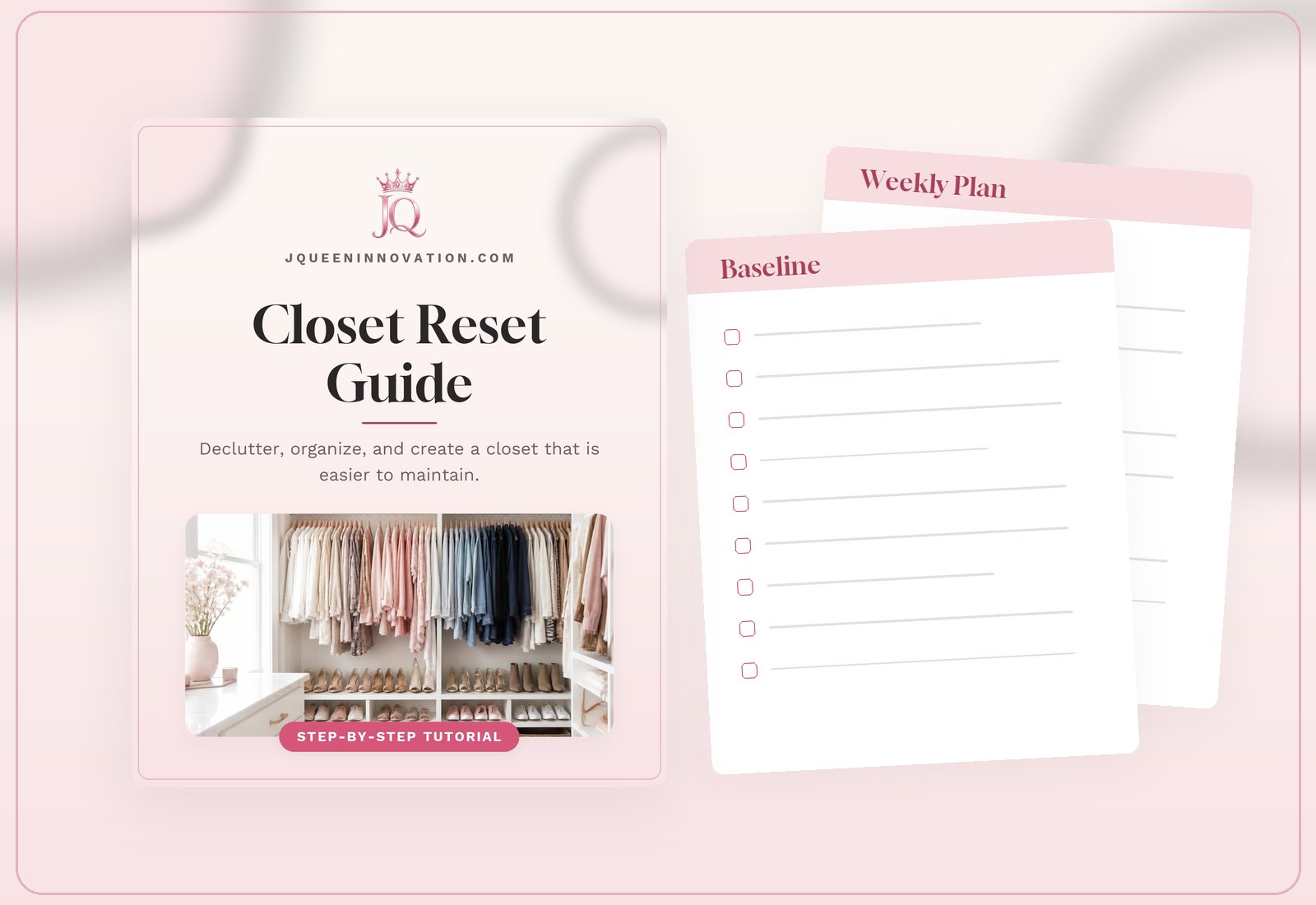 Closet Reset Guide product mockup showing the cover and two sample inside pages.