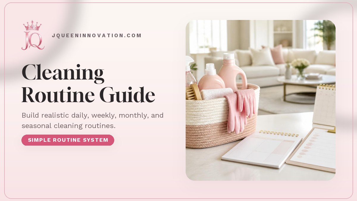 Cleaning Routine Guide cover with cleaning checklist, basket of supplies, and routine planner with the pink JQ crown logo.