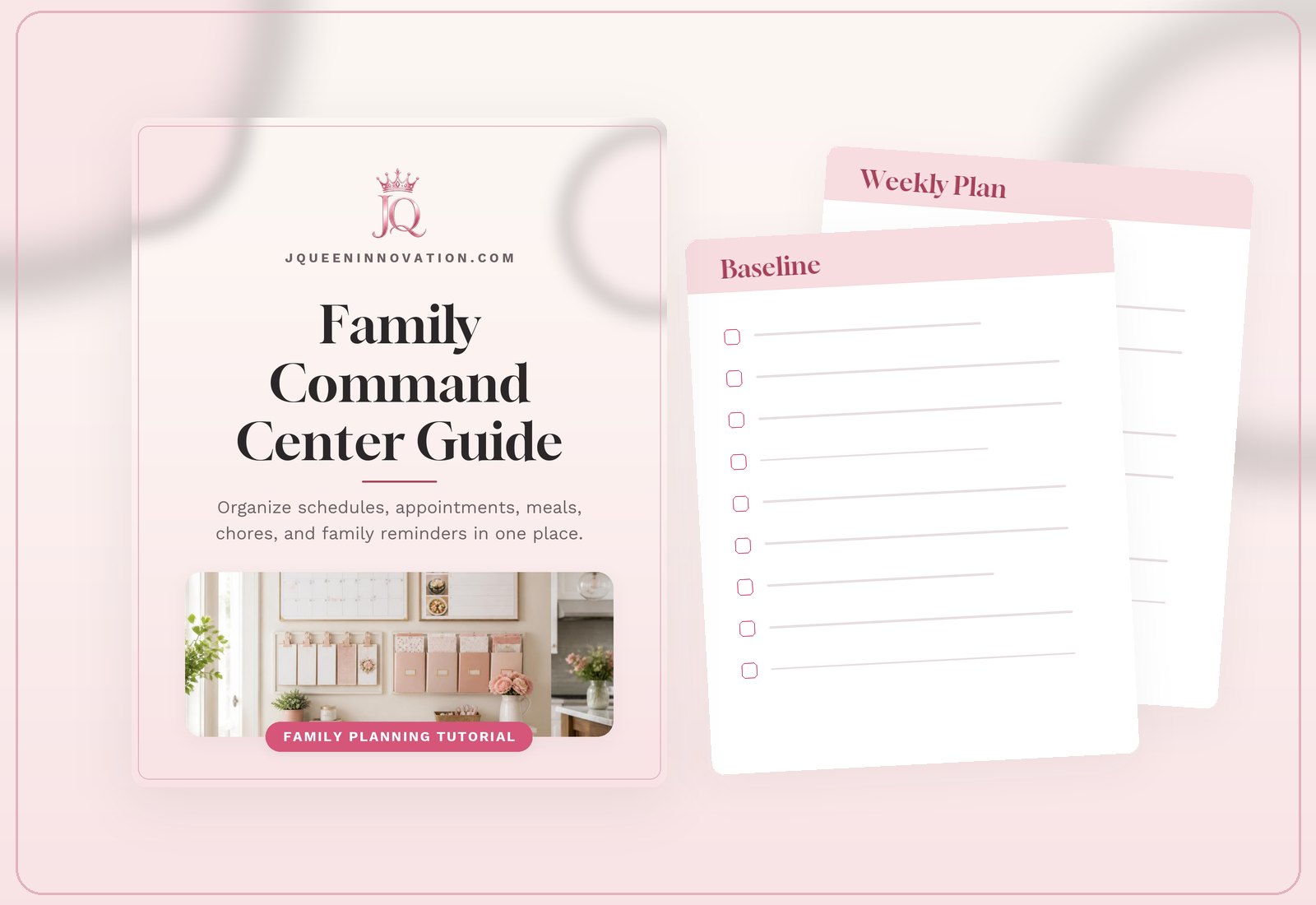 Family Command Center Guide product mockup showing the cover and two sample inside pages.