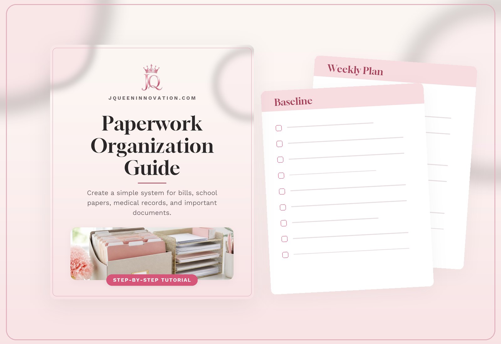 Paperwork Organization Guide product mockup showing the cover and two sample inside pages.