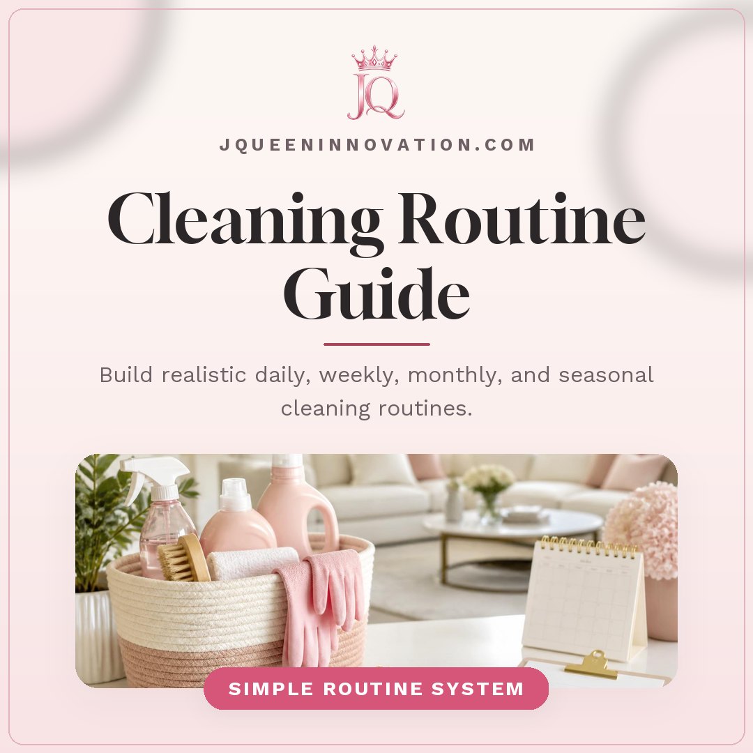 Cleaning Routine Guide cover with cleaning checklist, basket of supplies, and routine planner with the pink JQ crown logo.