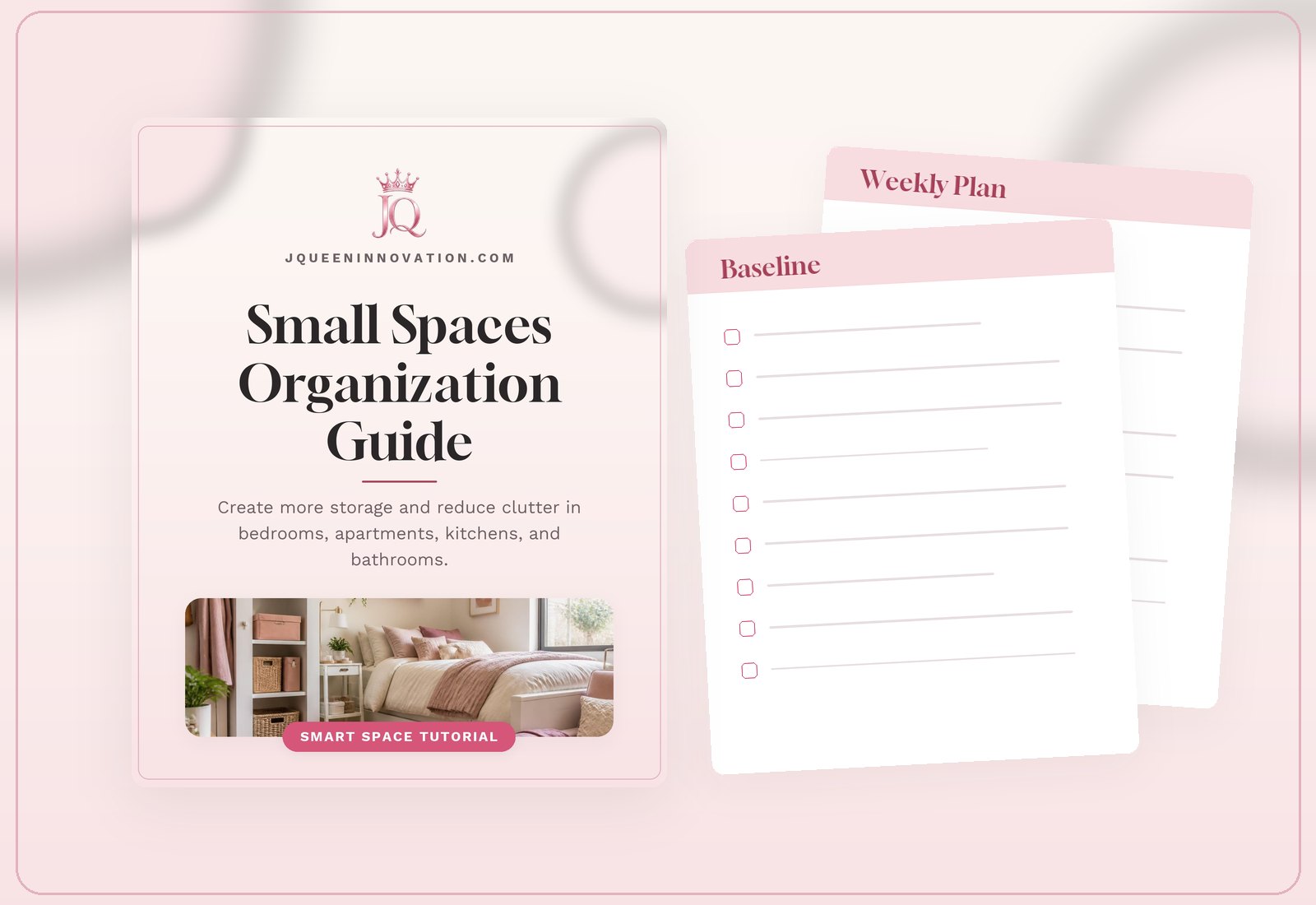 Small Spaces Organization Guide cover with small organized apartment with vertical shelving and under-bed storage, plus the pink JQ crown logo. — product mockup preview