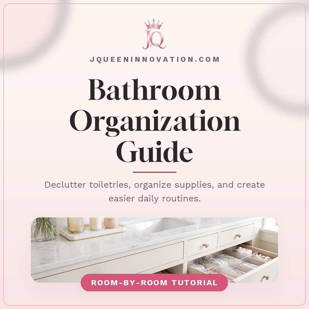 Bathroom Organization Guide cover with organized bathroom vanity with folded towels and labeled containers, plus the pink JQ crown logo.