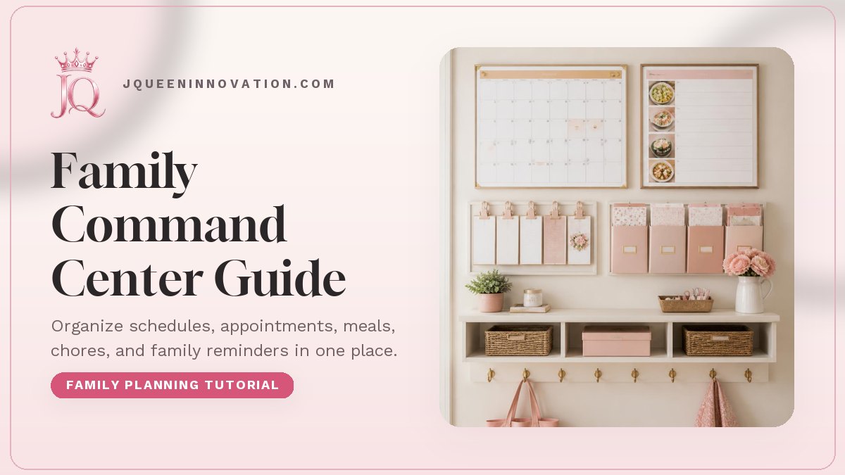 Family Command Center Guide cover with family wall calendar, meal planner, and labeled family folders with the pink JQ crown logo.