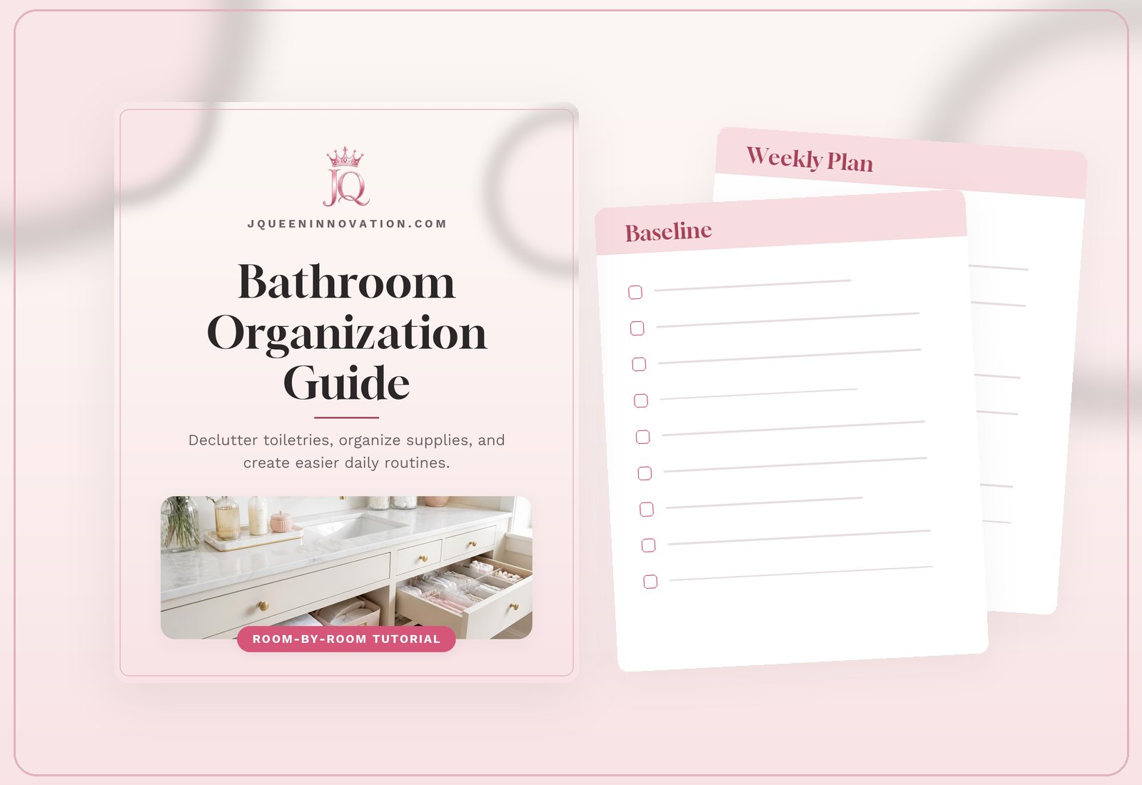 Bathroom Organization Guide product mockup showing the cover and two sample inside pages.