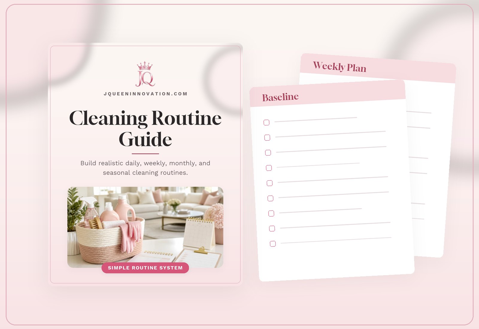 Cleaning Routine Guide product mockup showing the cover and two sample inside pages.