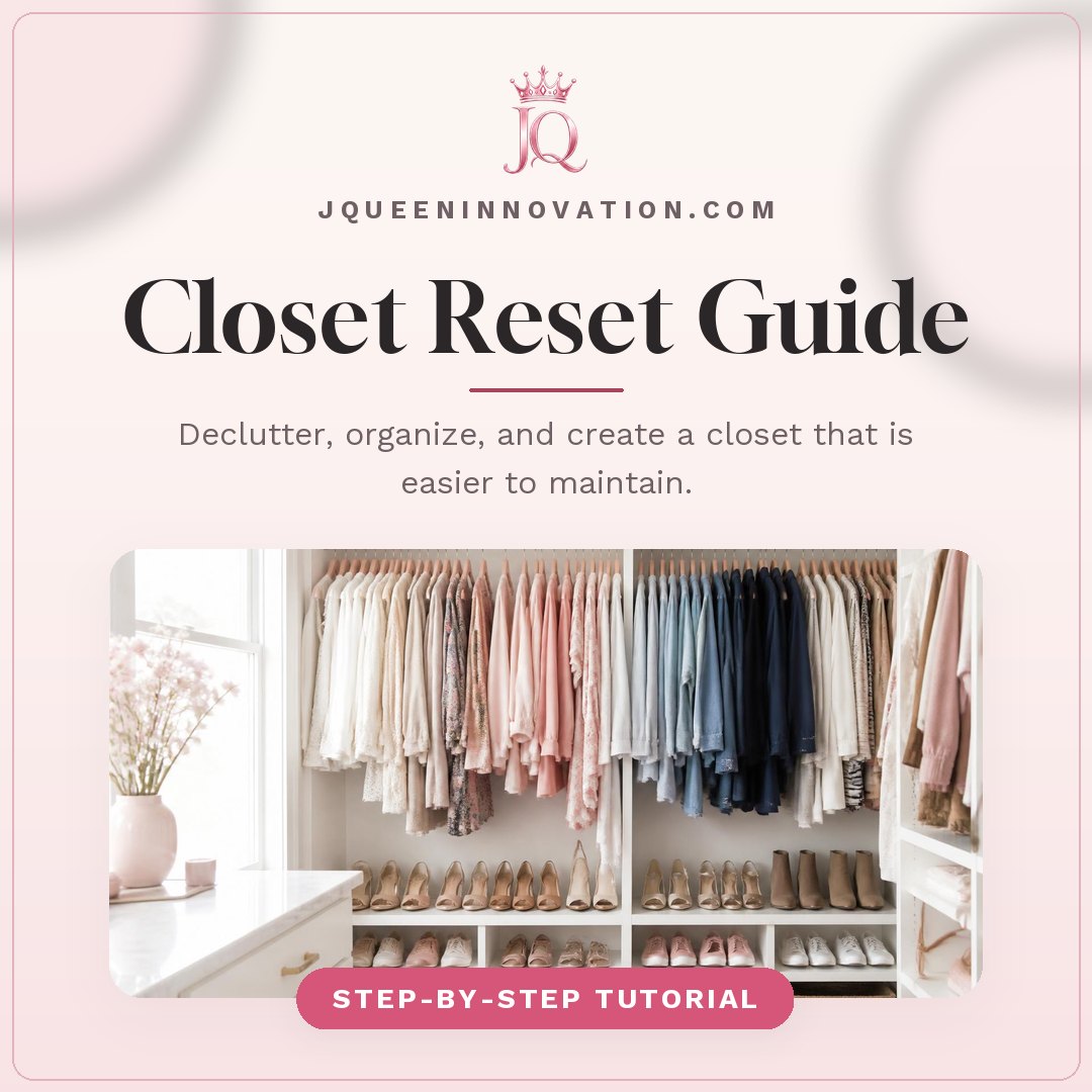 Closet Reset Guide cover with organized closet with clothing on matching hangers, labeled bins, and the pink JQ crown logo.