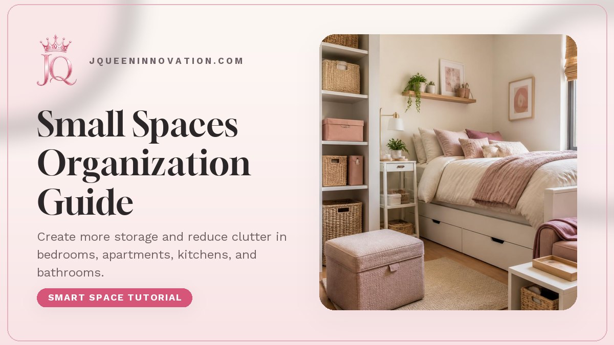 Small Spaces Organization Guide cover with small organized apartment with vertical shelving and under-bed storage, plus the pink JQ crown logo.