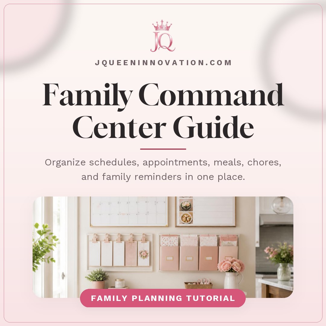 Family Command Center Guide cover with family wall calendar, meal planner, and labeled family folders with the pink JQ crown logo.
