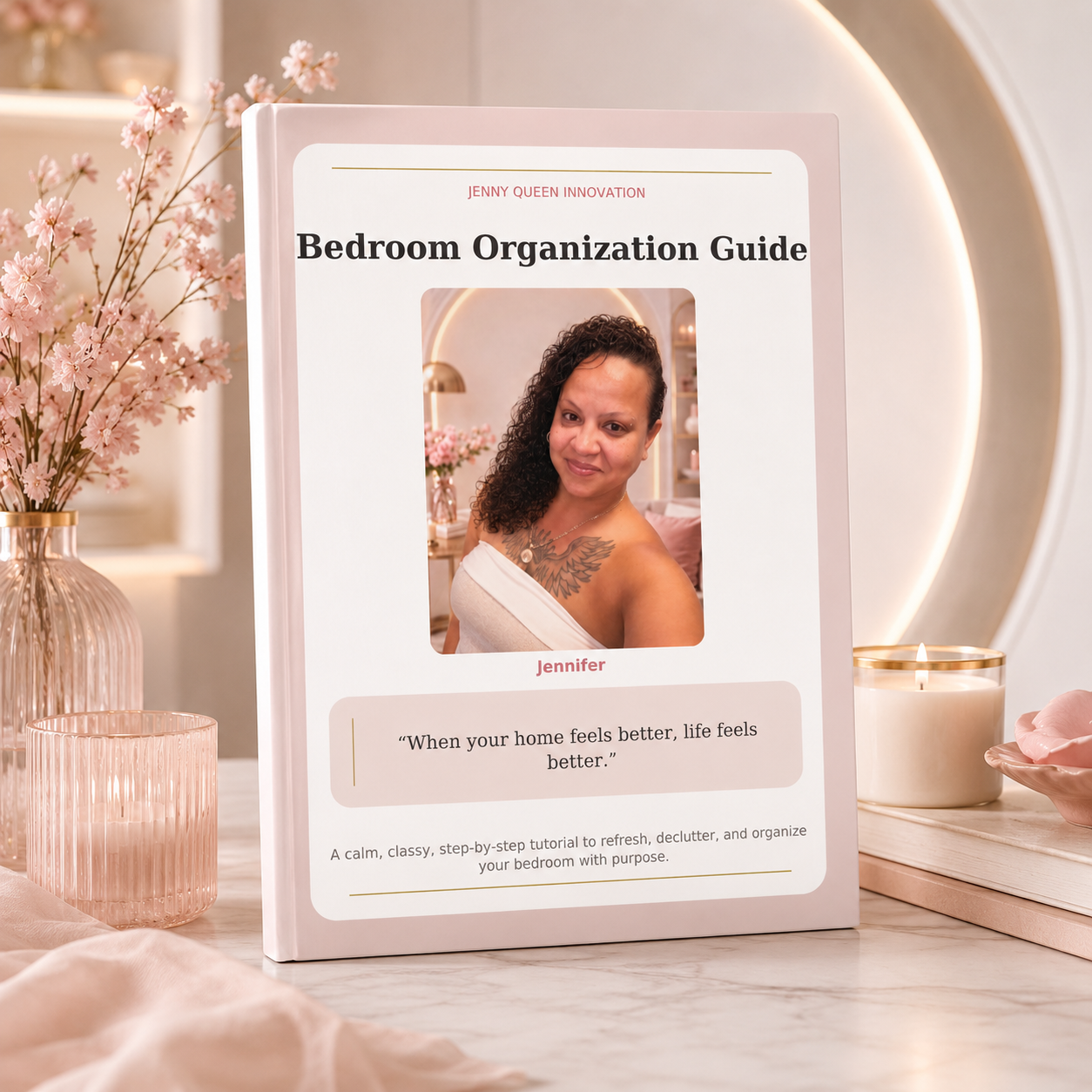 Jenniffer on the cover of her printed Bedroom Organization Guide, styled with pink blossoms and a candle