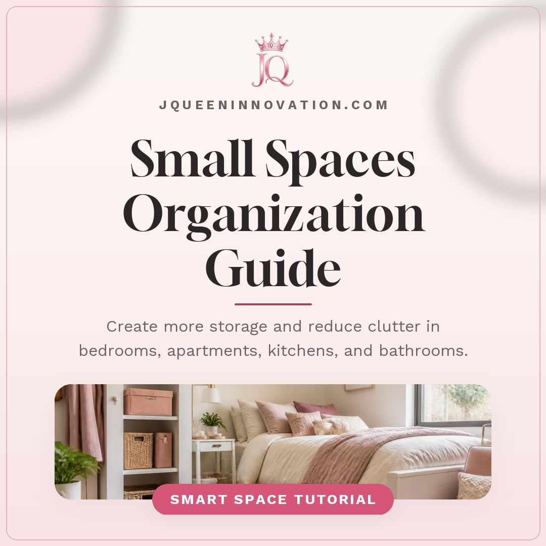 Small Spaces Organization Guide cover with small organized apartment with vertical shelving and under-bed storage, plus the pink JQ crown logo.