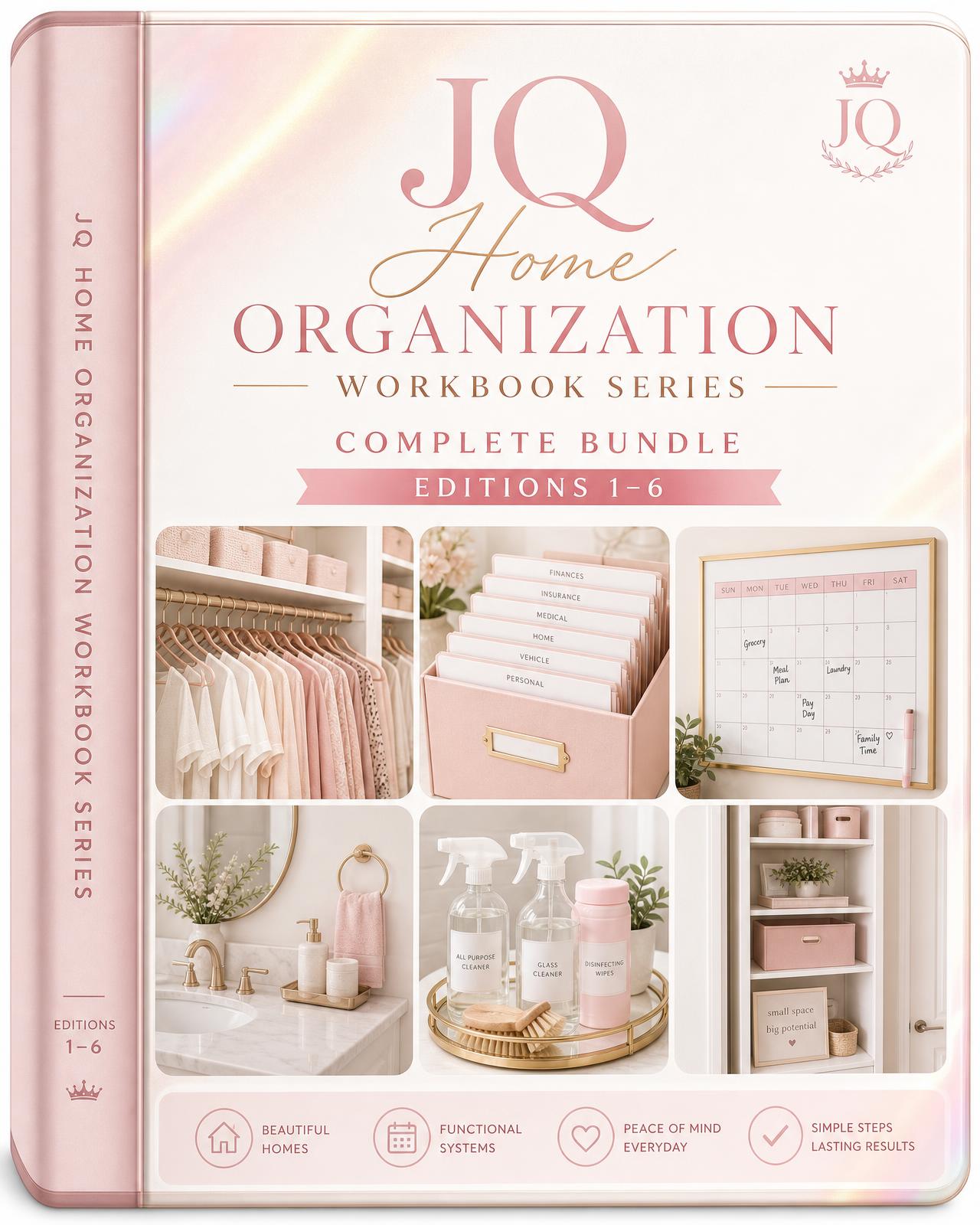 JQ Home Organization Workbook Bundle cover showing all six edition themes in a blush-pink collage.