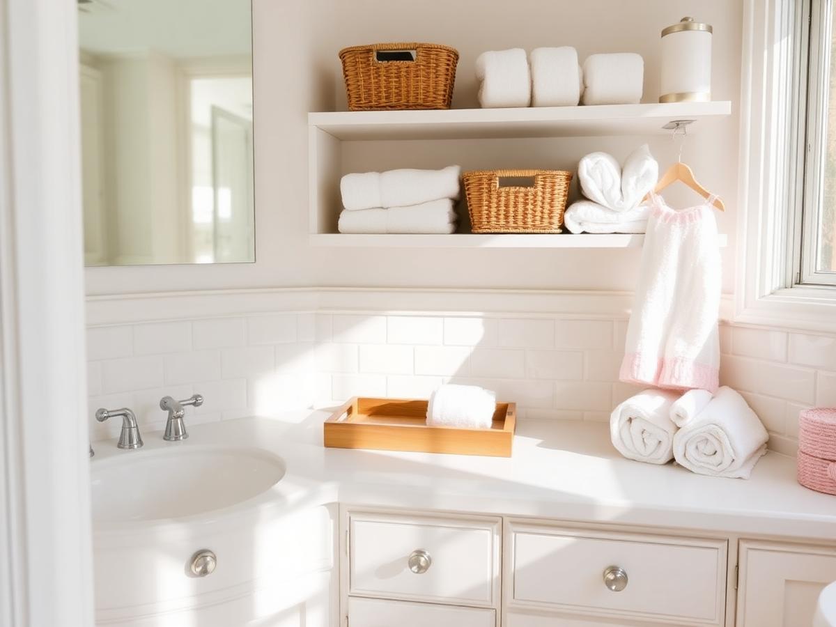 Organized bright bathroom with a clear counter, tray, and rolled towels