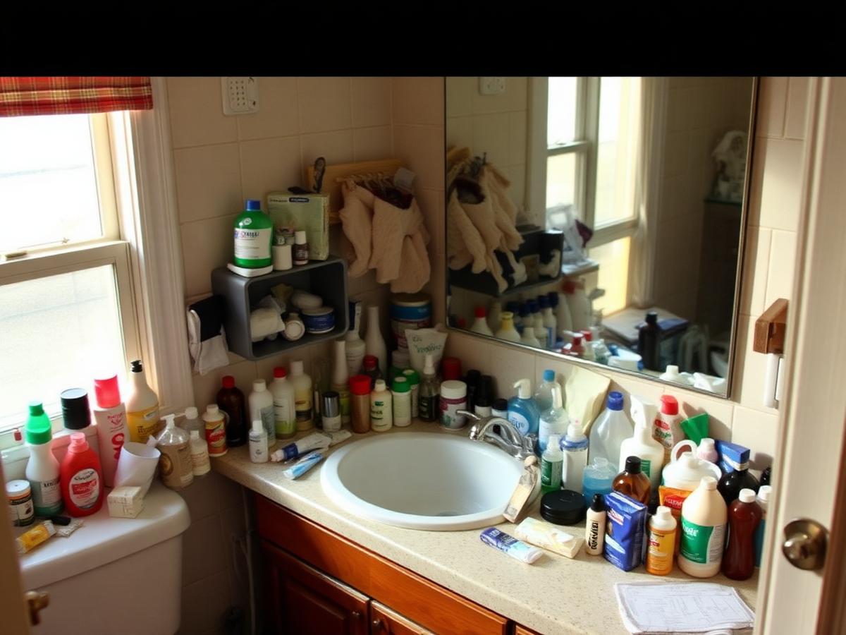Cluttered bathroom counter crowded with bottles and products