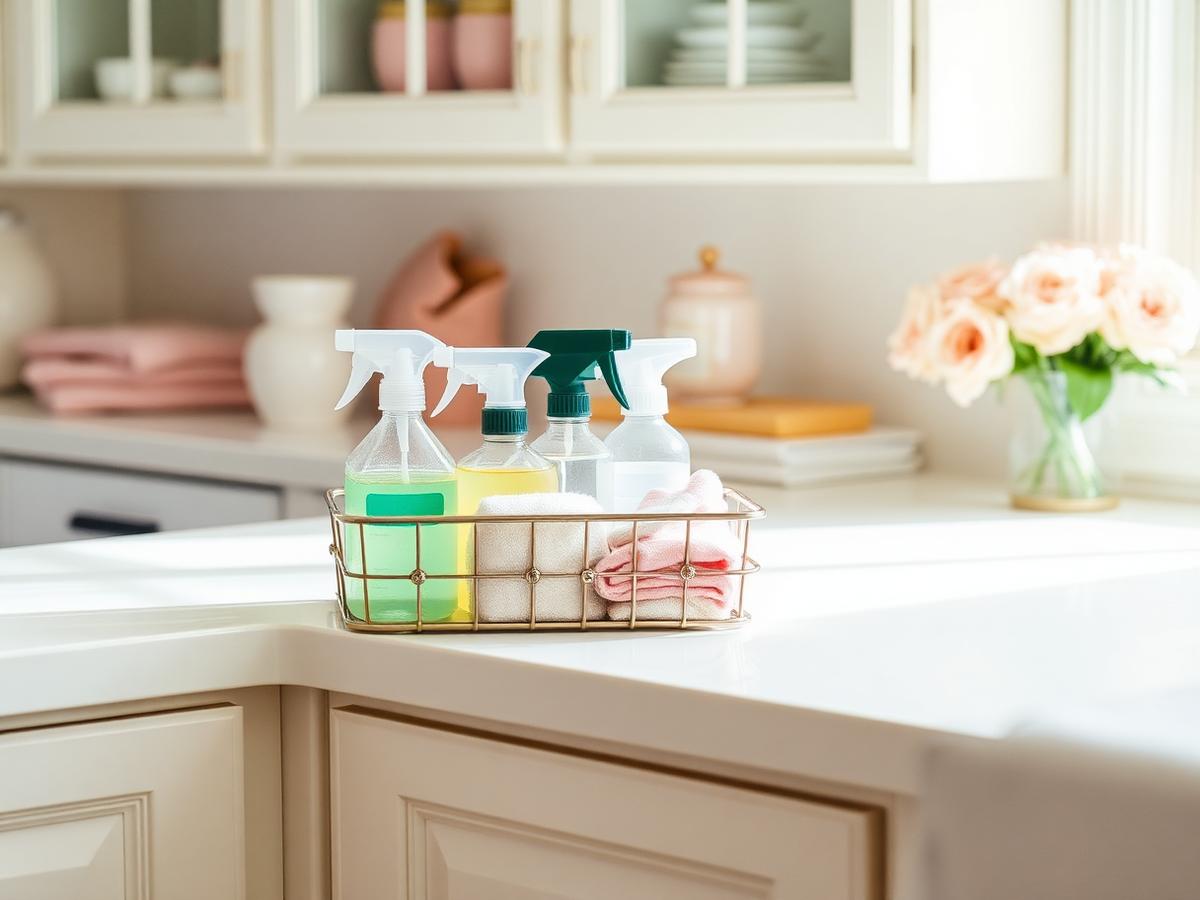 Cleaning caddy with spray bottles and folded cloths on a bright ivory counter