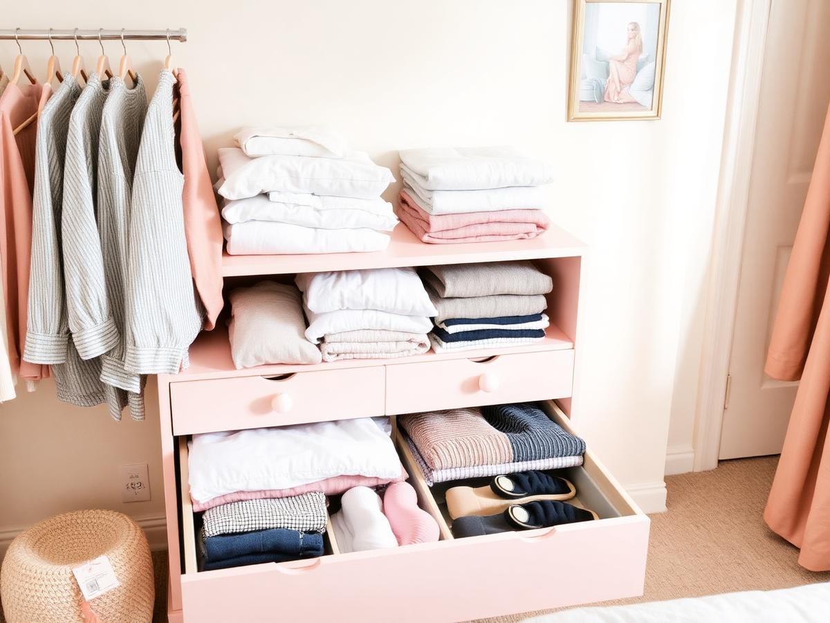 Bedroom dresser with neatly folded clothing in open drawers