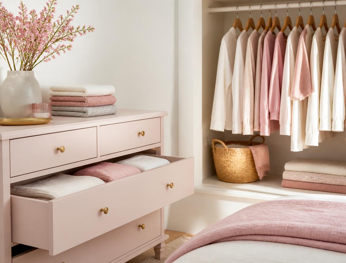 Bedroom dresser with neatly folded clothing in open drawers