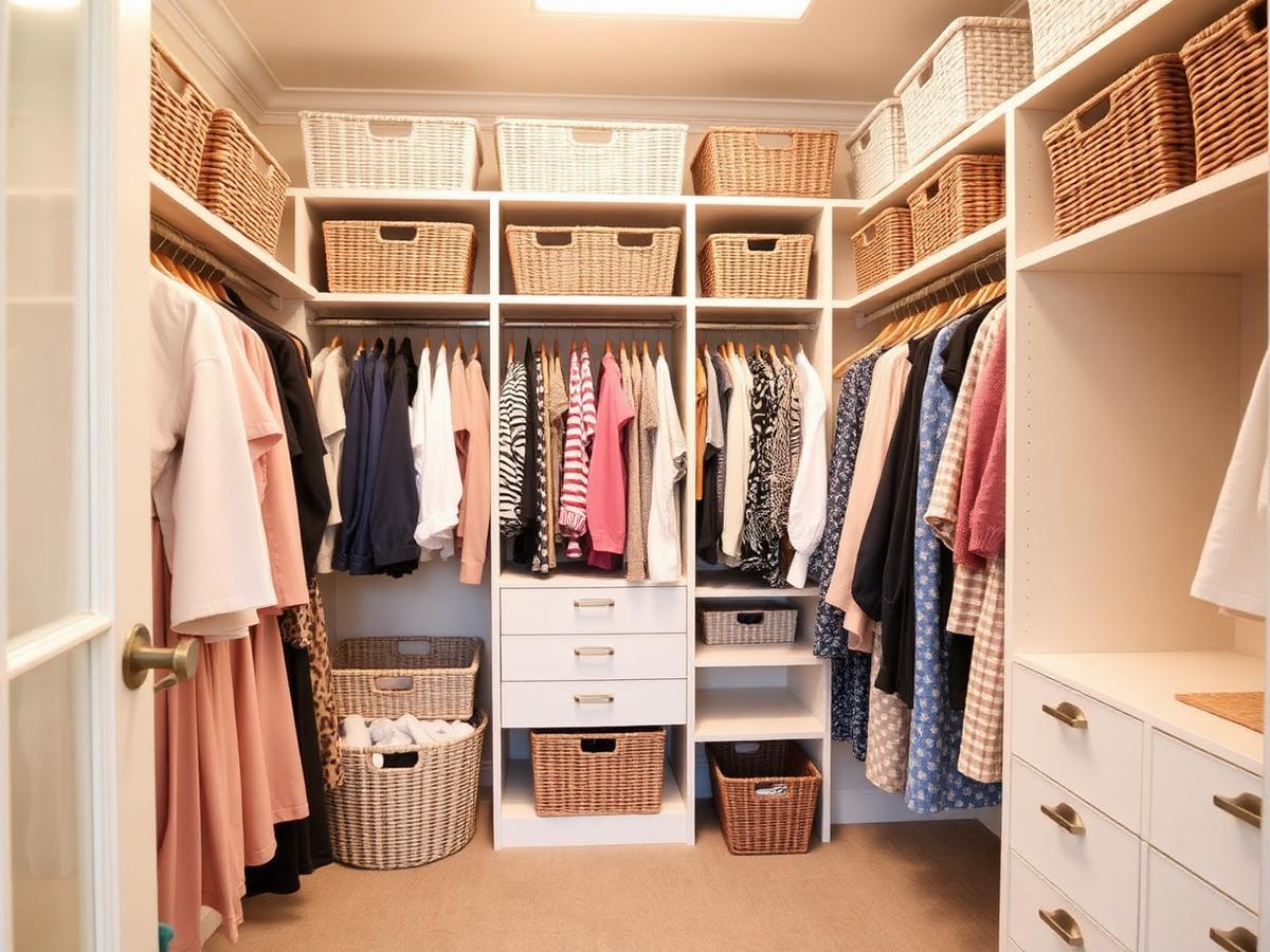Shared family closet with labeled baskets and sections for each person