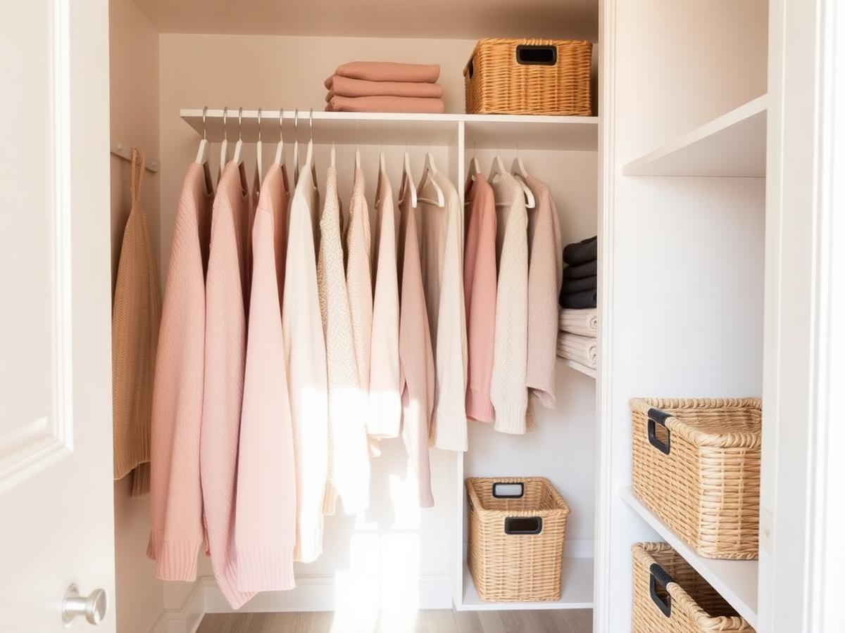 Small reach-in closet with matching hangers, folded sweaters, and woven baskets