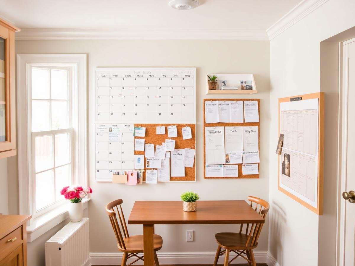 Bright family command center wall with a large calendar, cork board, and hanging folders