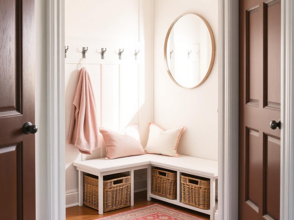 Small entryway with hooks, bench, baskets, and a mirror