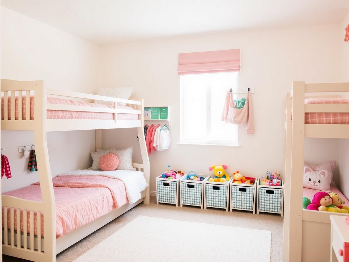 Shared children's room with bunk beds and labeled toy bins