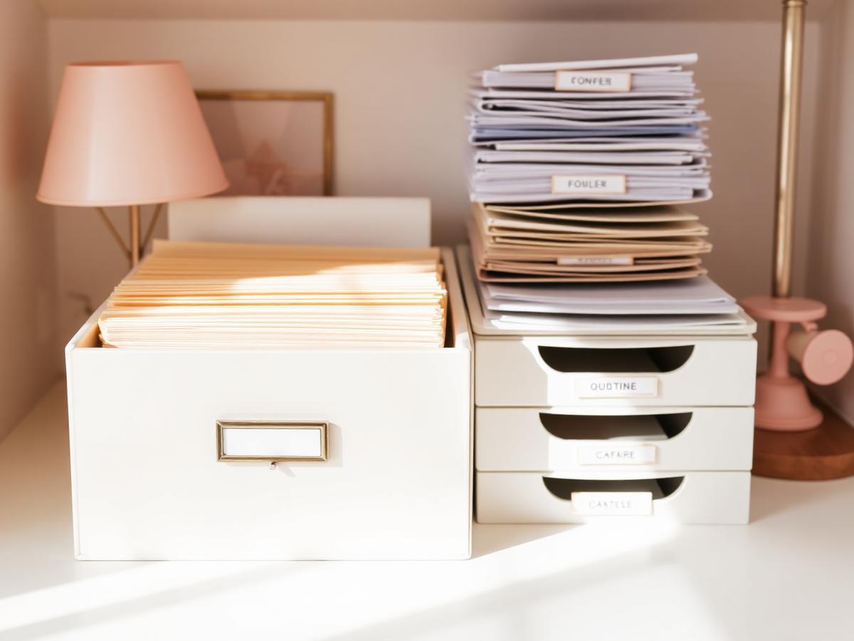 Home paperwork station with a labeled file box and stacked sorting trays