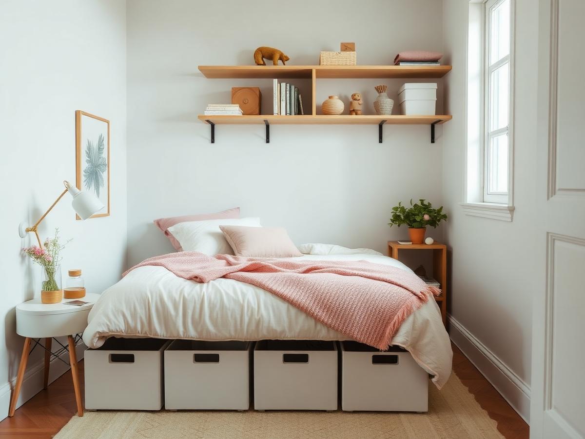 Small bedroom with under-bed storage boxes and vertical wall shelving