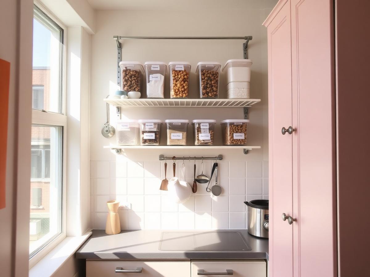 Small apartment kitchen with wall rails and clear labeled containers