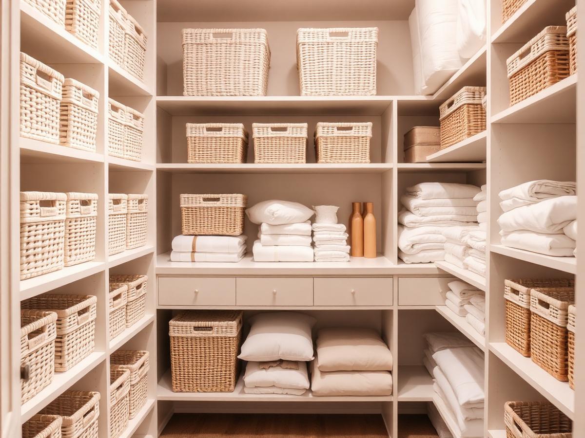 Beautifully organized closet shelving with woven baskets and folded linens
