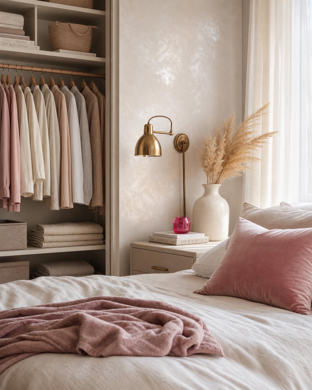 Serene bedroom with dusty rose linen bedding
