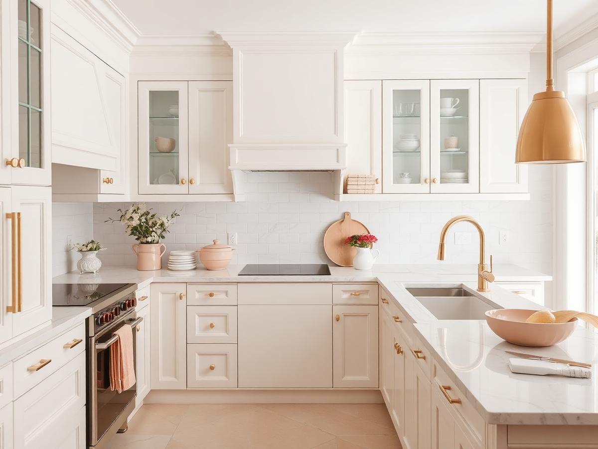 Bright ivory kitchen with brass fixtures and blush accessories