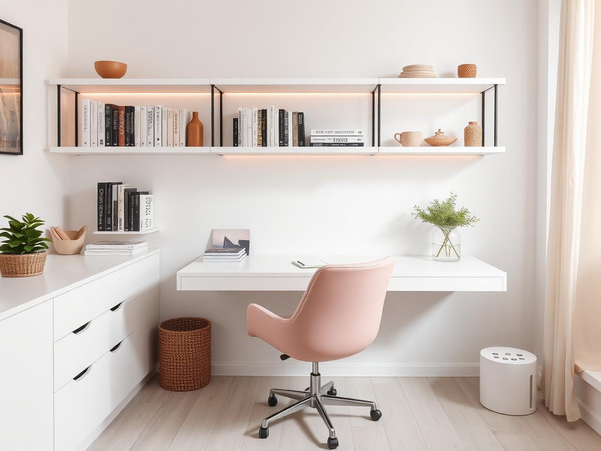 Minimal home office with pale pink chair and floating shelves